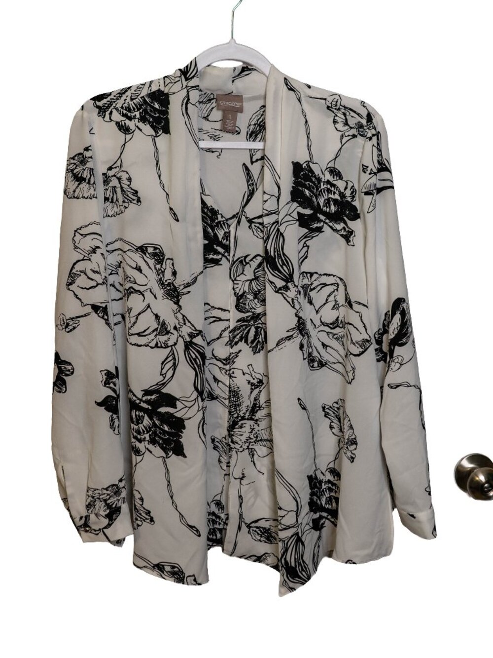 Chico's Black and White Layered Cardigan Floral Blouse - Size 1 - Plus